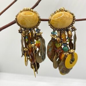 CHIPITA Gold-Tone Yellow & Blue Beaded Vintage Pierced Earrings